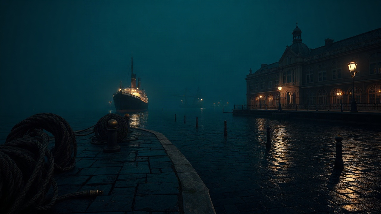 Atmospheric art of a fogbound cargo quay